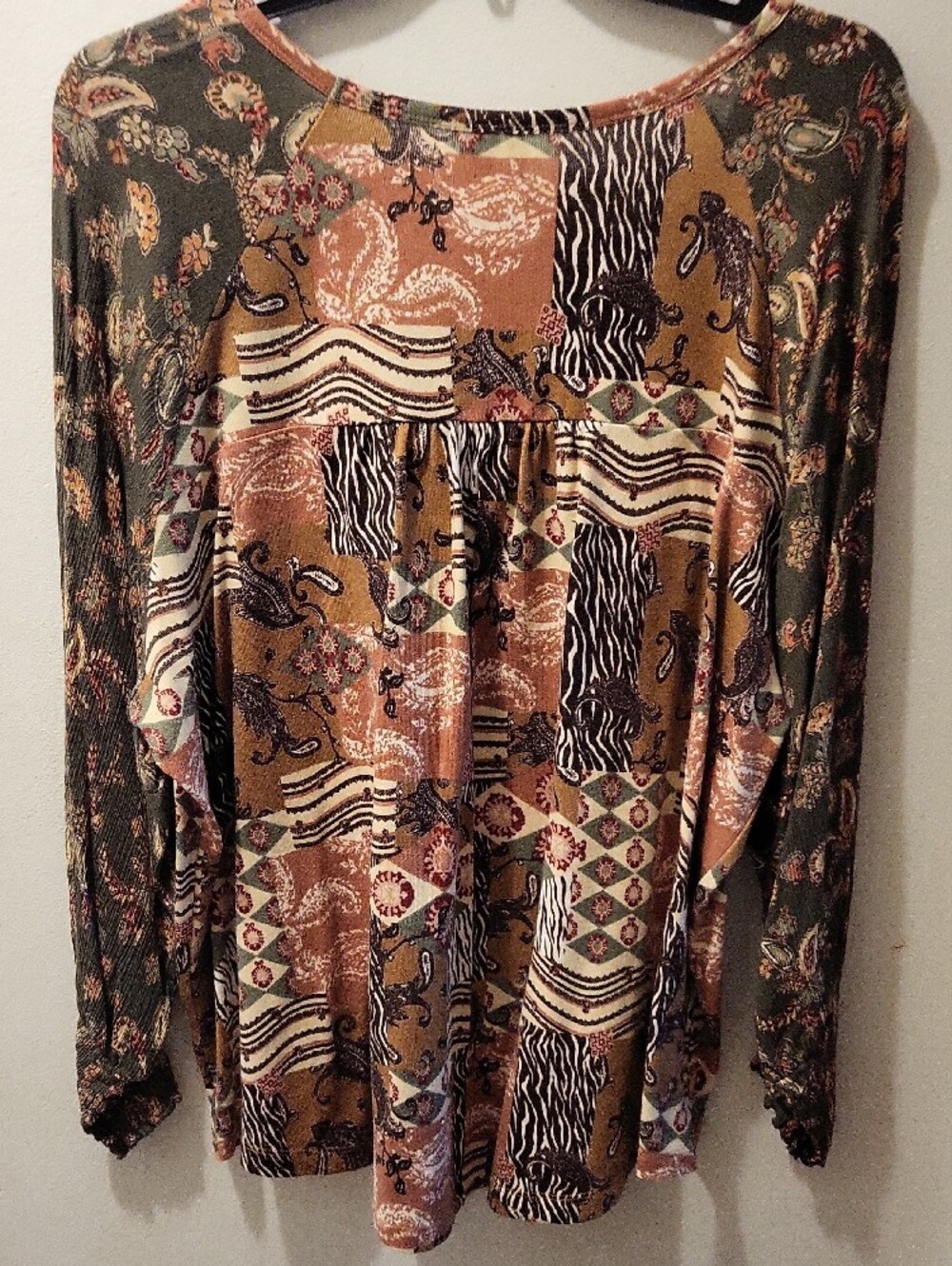 Cato Patchwork V-Neck Long Sleeve Top - Brown, Olive, Tan - Picture 2 of 2